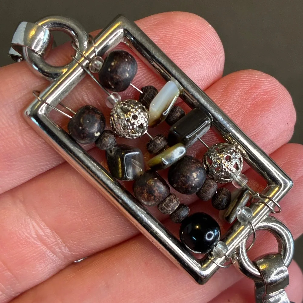 Vintage Chain Belt Hammered Silver Medallion Wood Shell Bead Mixed Media 34-41